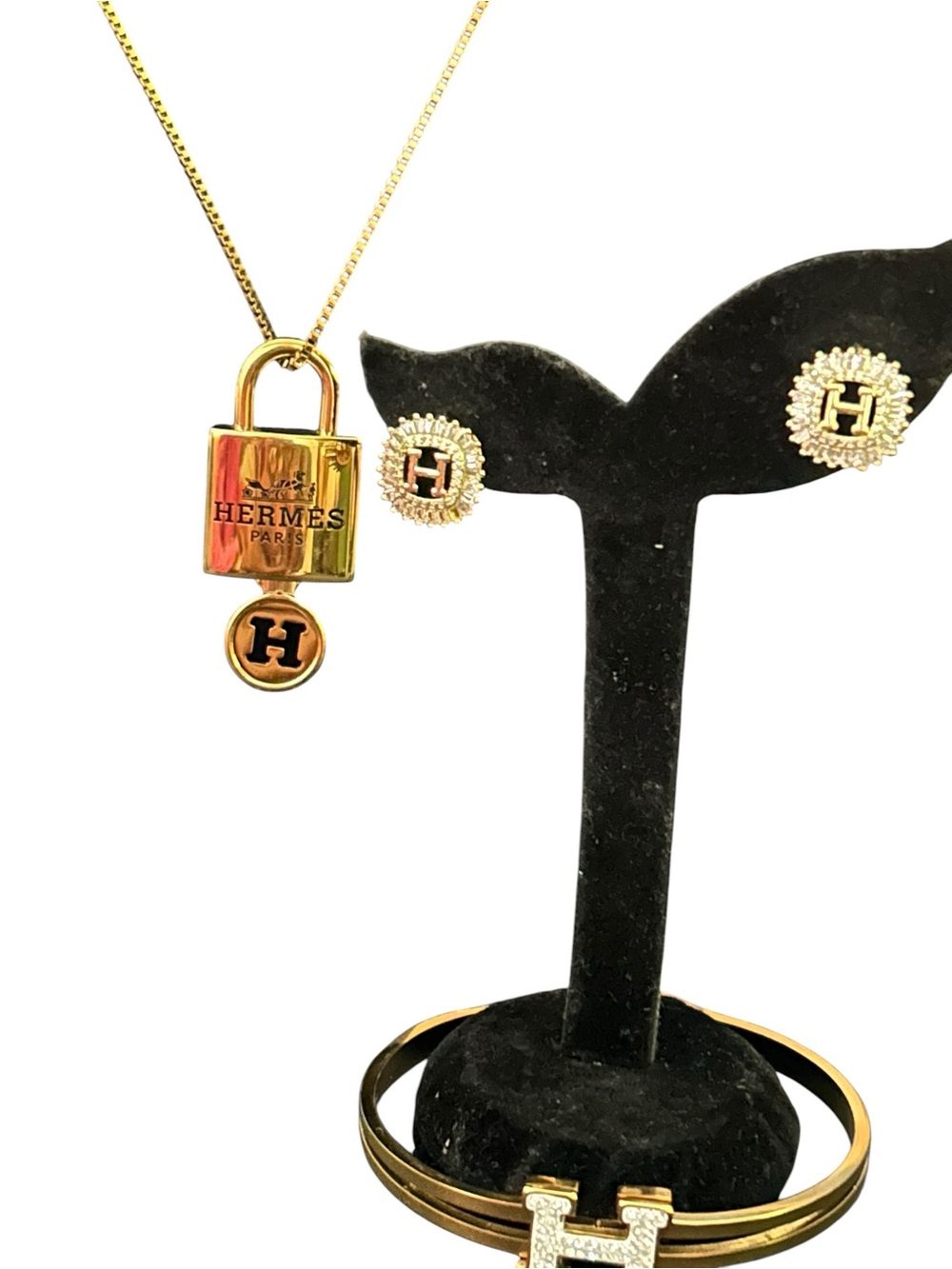 Gold Tone 'H' Logo necklace, Bracelet and Stud Earrings Set